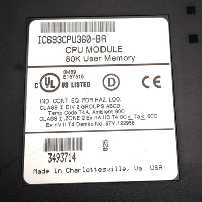 Used GE Fanuc IC693CPU360-BA Series 90-30 PLC CPU Module, 25MHz, 80K User Memory