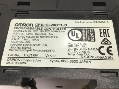 Used Omron CP1L-EL20DT1-D Programmable Controller 12 I/8 O w/2pt Thermocouple Module