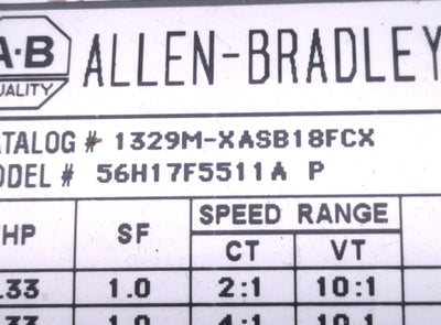 Used Allen-Bradley 1329M-XASB18FCX Variable Speed AC Motor 230/460v 3PH, No Cover
