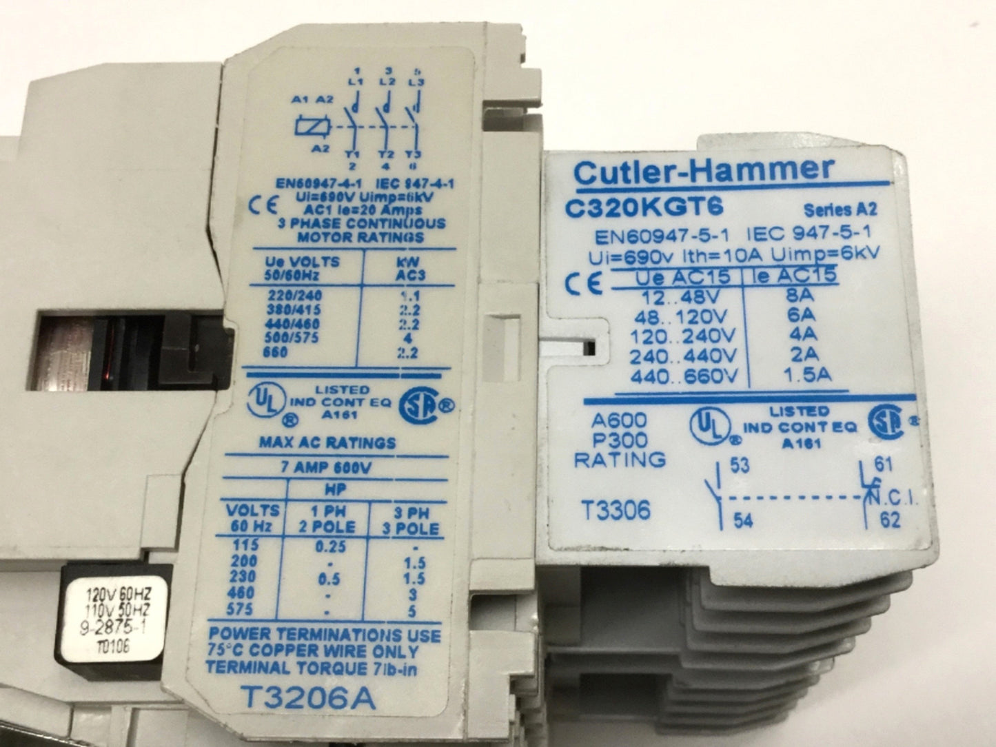 Used Cutler Hammer AE56AN0AC IEC Reversing Motor Starter Contactor 7A 110/120VAC Coil
