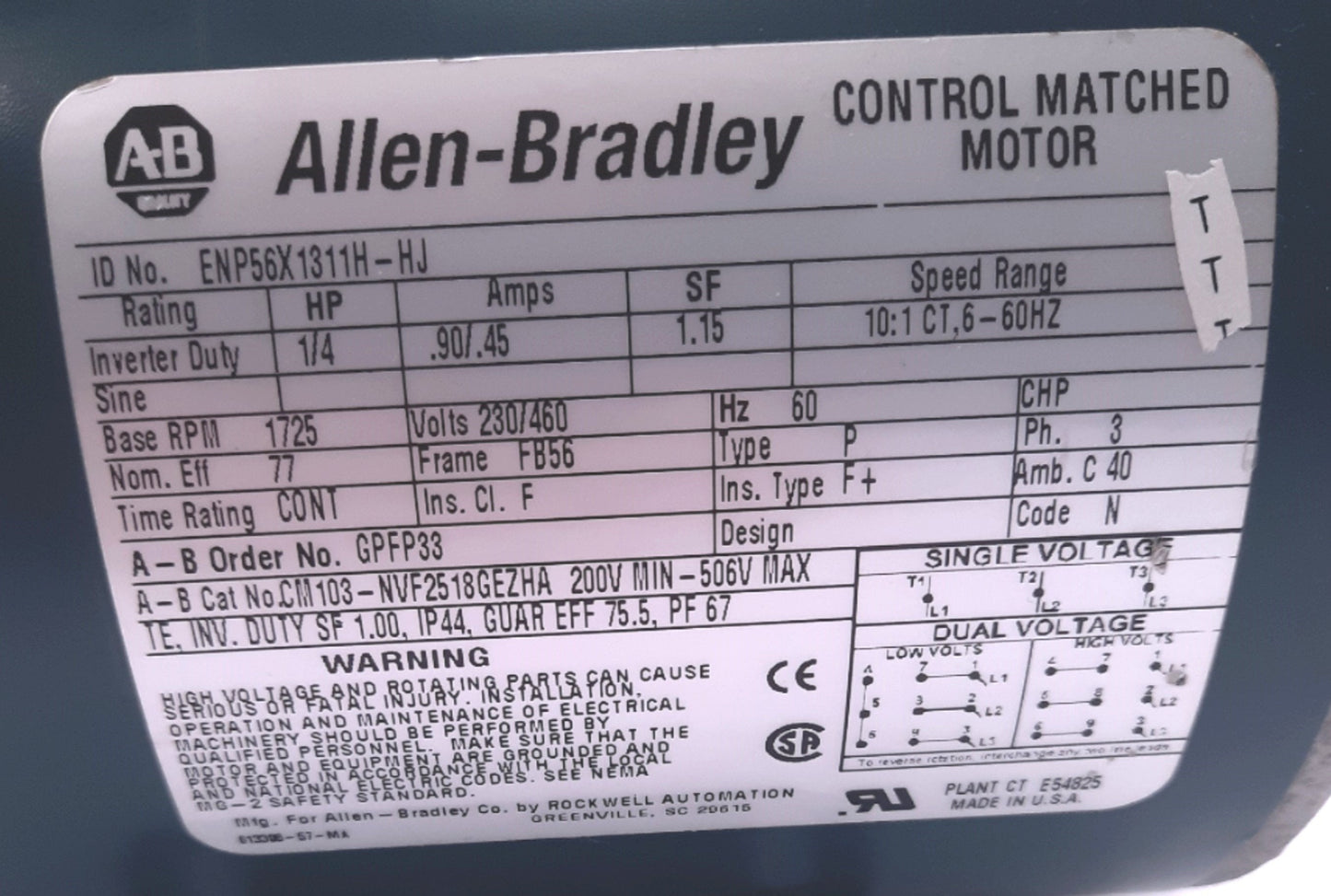 Used Allen-Bradley CM103-NVF2518GEZHA Inverter Duty GP Motor 208-230/460V, FB56,1/4HP