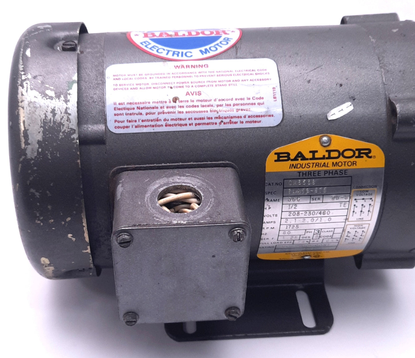 Used Baldor CM3538 General Purpose AC Motor 1/2HP, 56C, 3PH, 230/460V 1800RPM 60Hz
