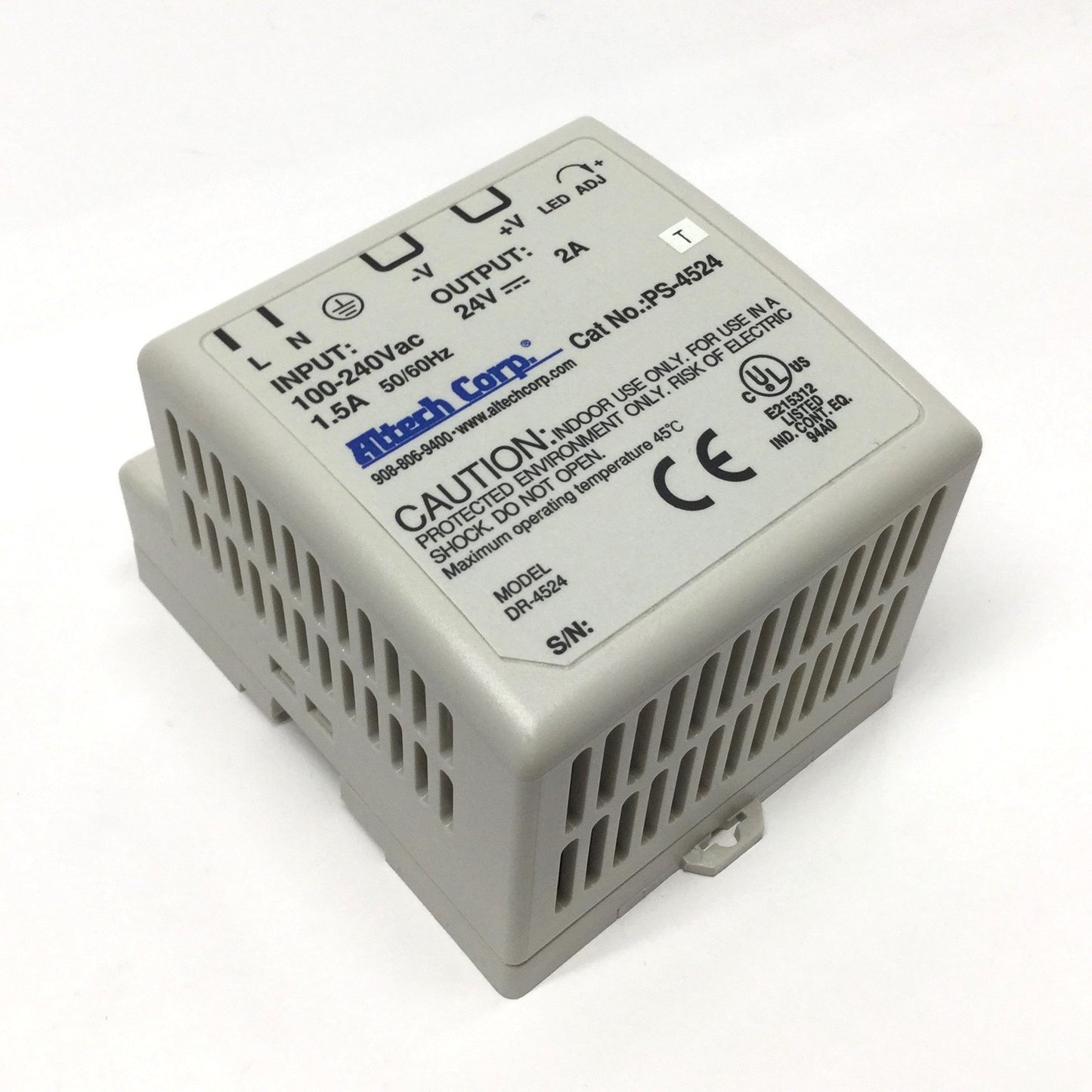 Used Altech PS-4524 Industrial DIN Rail Power Supply 100-240VAC In, 24VDC 2A Out, 48W