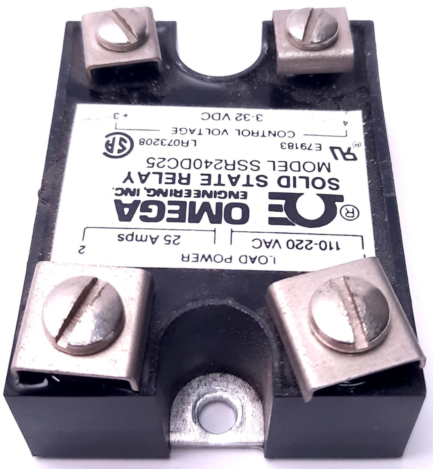Used Omega Engineering SSR240DC25 Solid State Relay 3-32v DC Control, 110-220v AC 25A