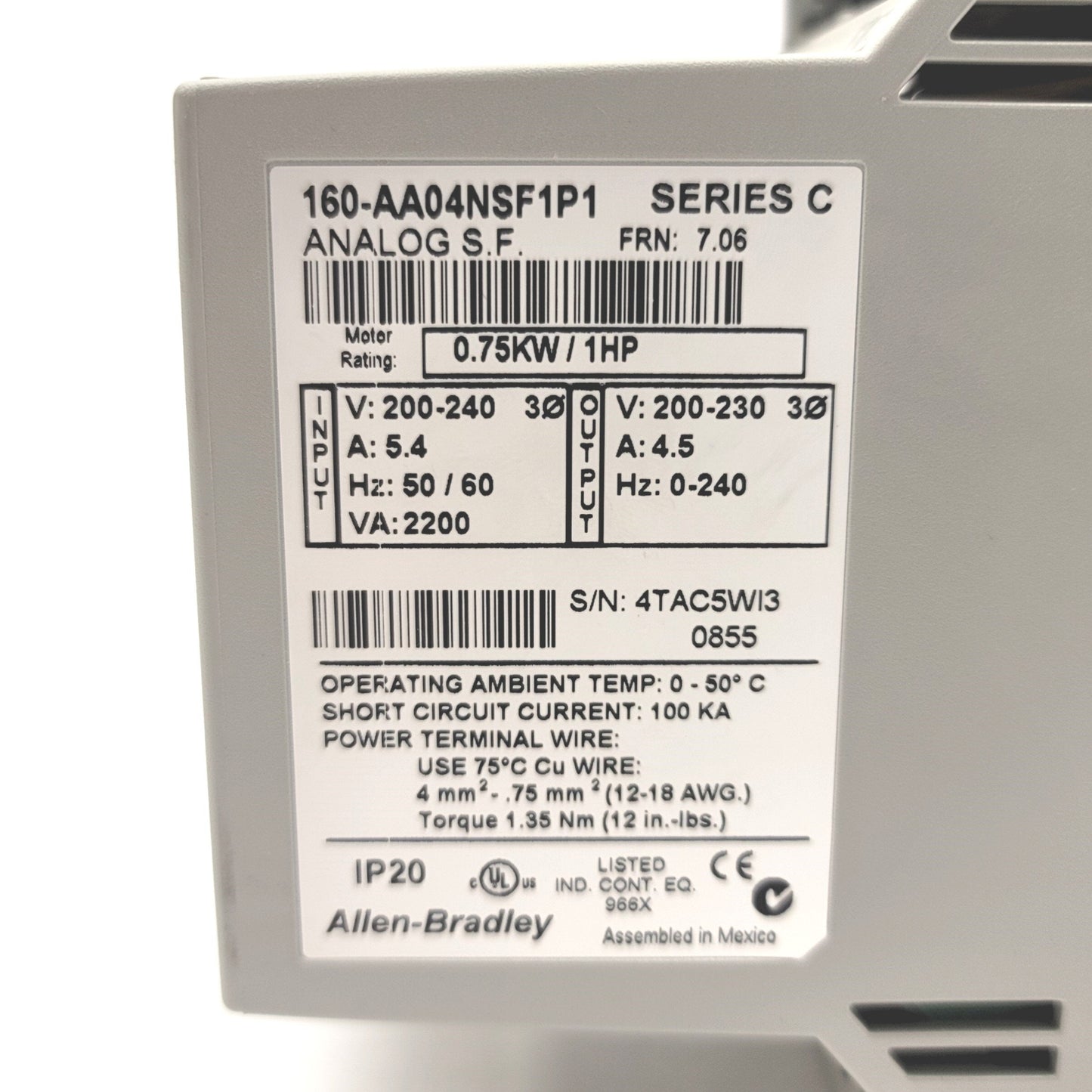 Used Allen Bradley 160-AA04NSF1P1 Ser C Variable Frequency Drive 1HP 200-240VAC 3-PH