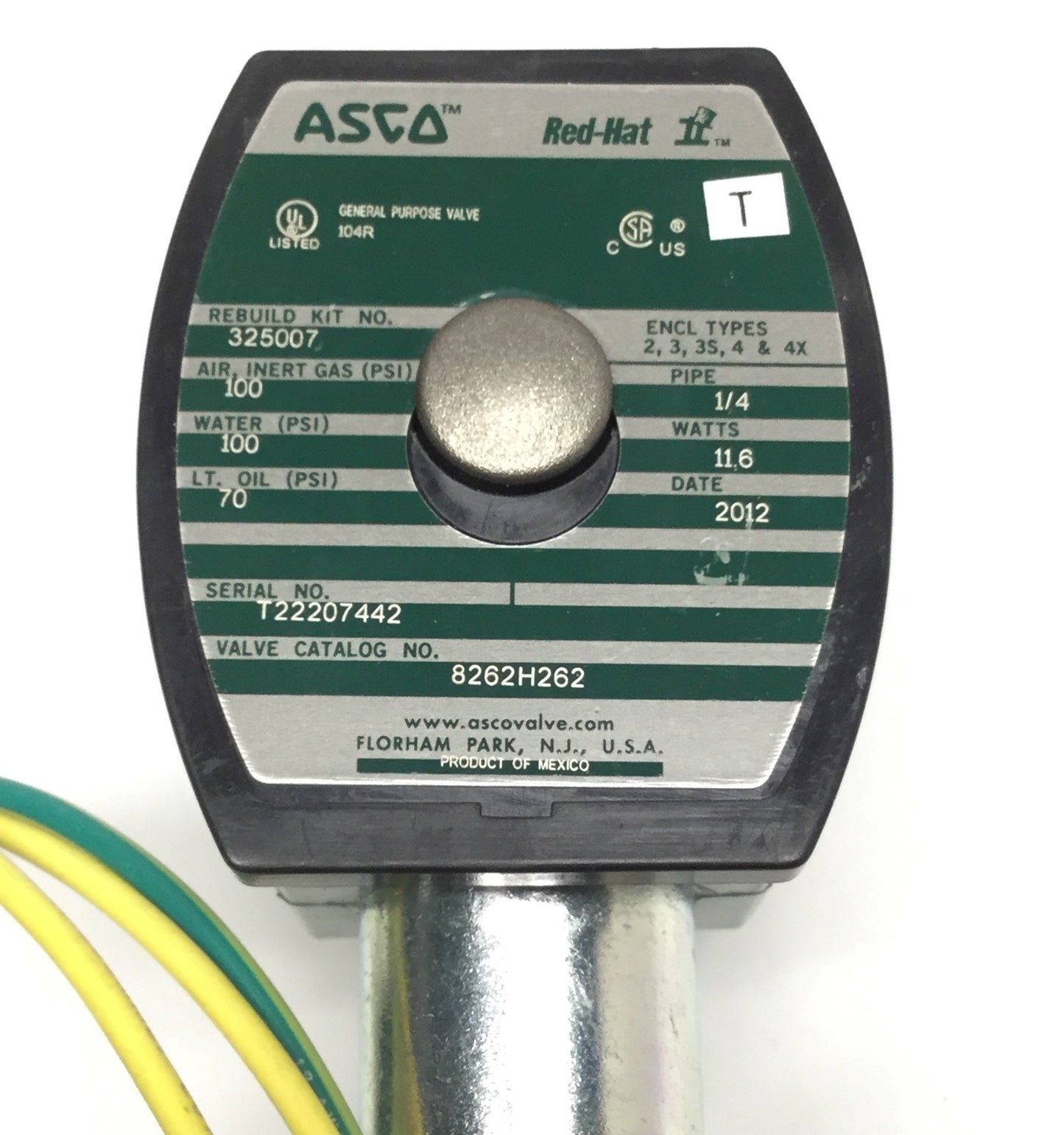 Used ASCO 8262H262 Red Hat II Solenoid 2-Way N.O. Brass Shutoff Valve 1/4" NPT, 24VDC