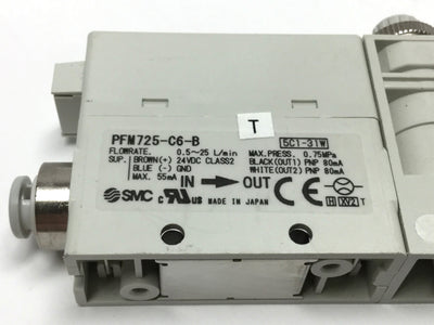 Used SMC PFM725S-C6-B Digital Flow Switch, 24VDC, 0.5-25 L/min Air, ?6mm Tube, PNP