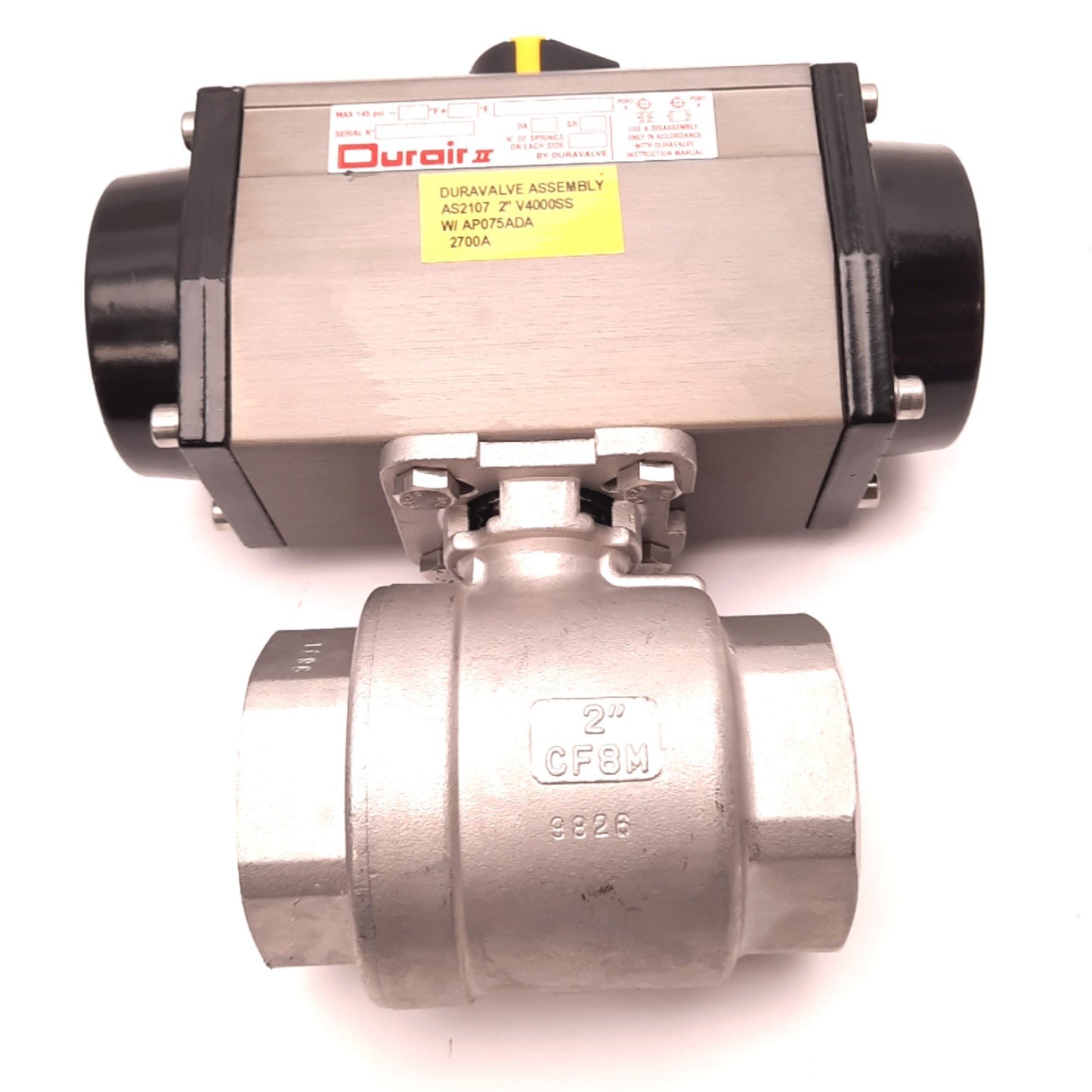 New Duravalve AS2107 V4000SS Ball Valve 2"NPT w/Pneumatic Actuator 145PSI 1/4"NPT