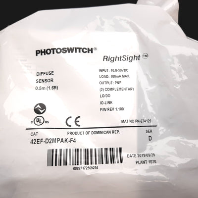 New Allen Bradley 42EF-D2MPAK-F4 Photoelectric Sensor, Diffuse, 500mm, 10.8-30VDC