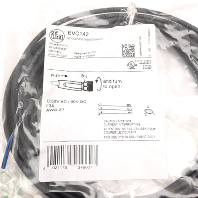New IFM EVC142 Cordset, 5m Long, 50VAC/60VDC, 3A, 3-Pin Female M8x1 To Flying Leads