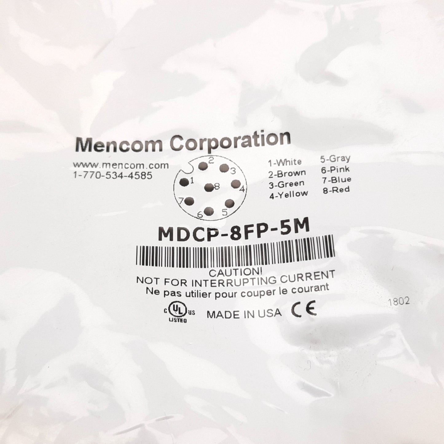 New Mencom MDCP-8FP-5M Cordset, 8-Pin M12 Female to Flying Leads, 5m Long, 60V 2A
