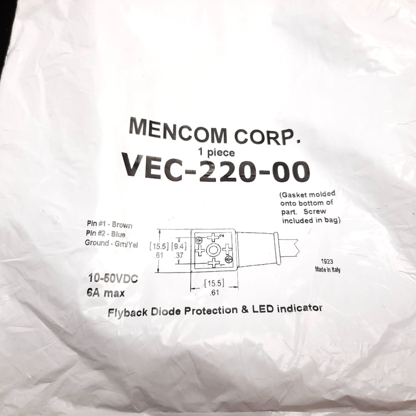 New Mencom VEC-220-00 Solenoid Valve Connector Cordset, 3-Pole, 10-50VDC 6A, 2m