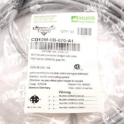 New Automation Direct CD12M-0B-070-A1 Cable, 4-Pin M12 Female to Flying Leads, 7m