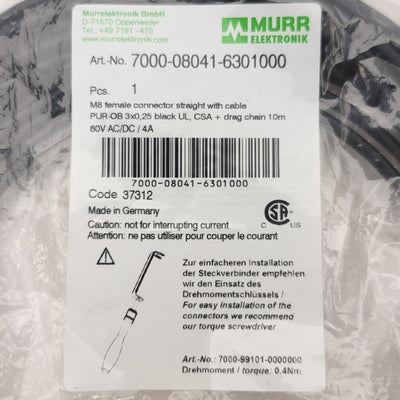 New Murr Elektronik 7000-08041-6301000 Single Ended Cordset M8 3-Pin Female 10 Meter