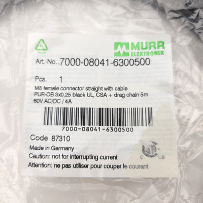 New Murr Elektronik 7000-08041-6300500 Single Ended Cordset M8 3-Pin Female 5 Meter
