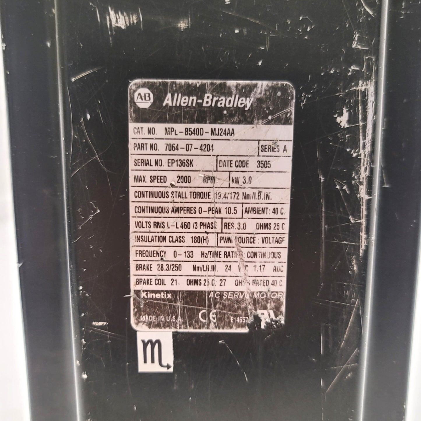 Used Allen Bradley MPL-B540D-MJ24AA Servo Motor W/Brake 3.0kW, 165mm Frame, 460VAC