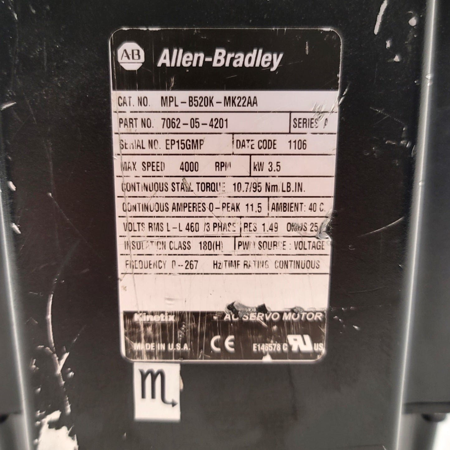 Used Allen Bradley MPL-B520K-MK22AA Servo Motor 3.5kW, 165mm Frame, 460VAC, 10.7Nm