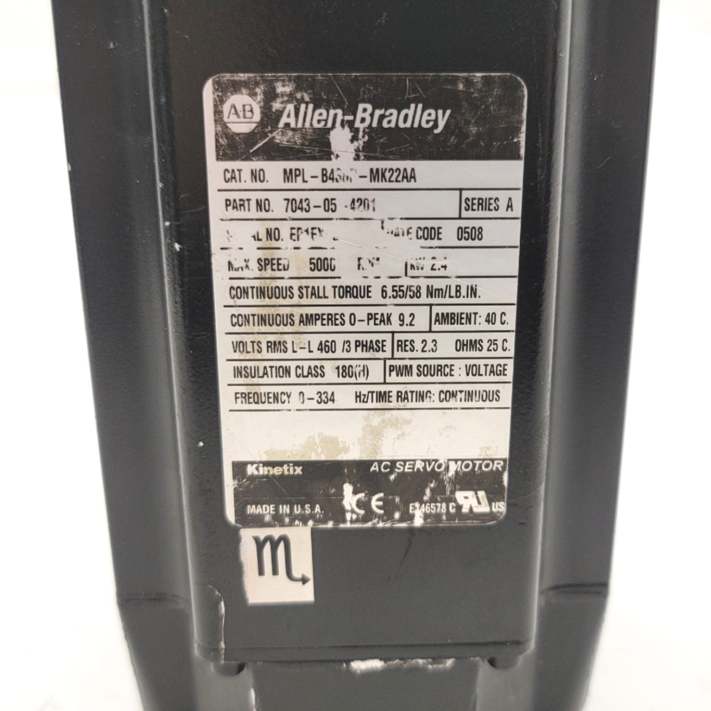 Used Allen Bradley MPL-B430P-MK22AA Servo Motor 2.4kW, 115mm Frame, 460VAC, 6.55Nm
