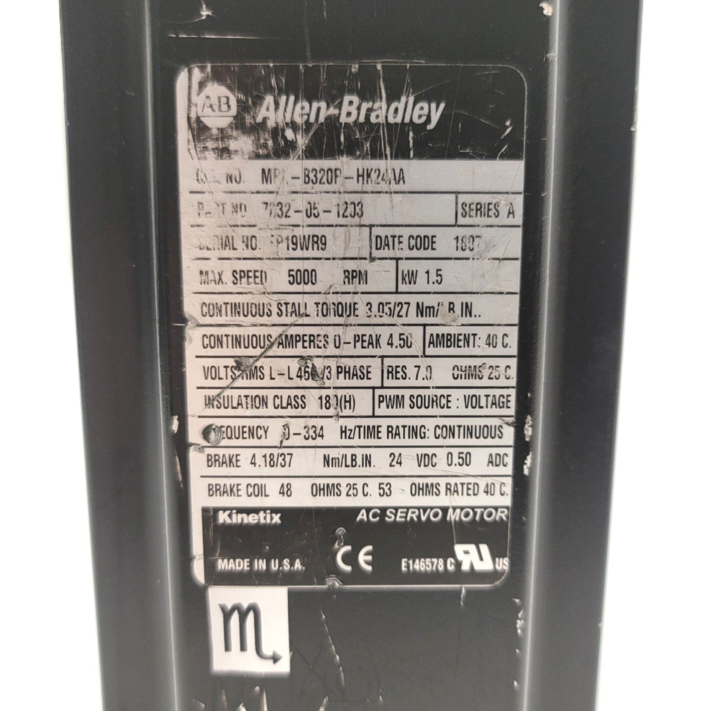 Used Allen Bradley MPL-B320P-MK24AA Servo Motor W/Brake 1.5kW, 100mm Frame, 460VAC