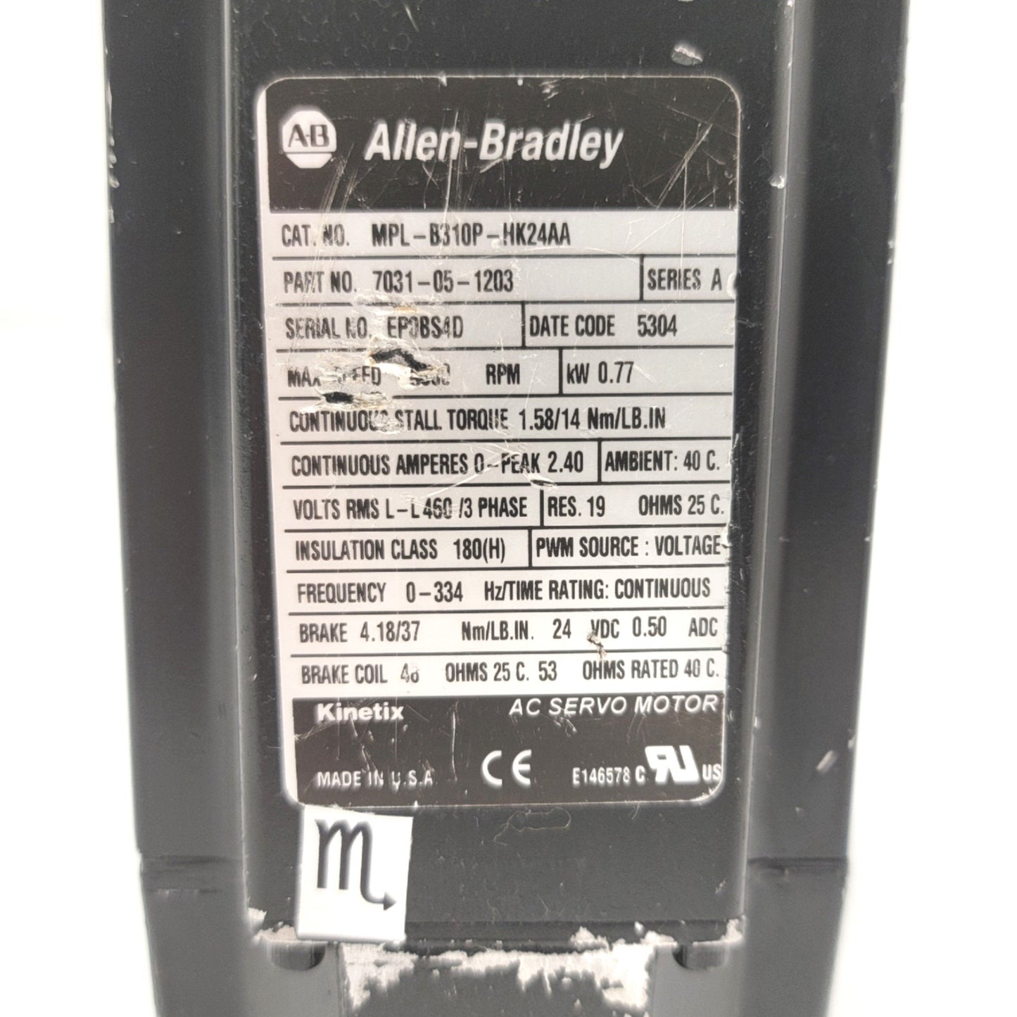 Used Allen Bradley MPL-B310P-HK24AA Servo Motor W/Brake 0.77kW, 100mm Frame, 460VAC