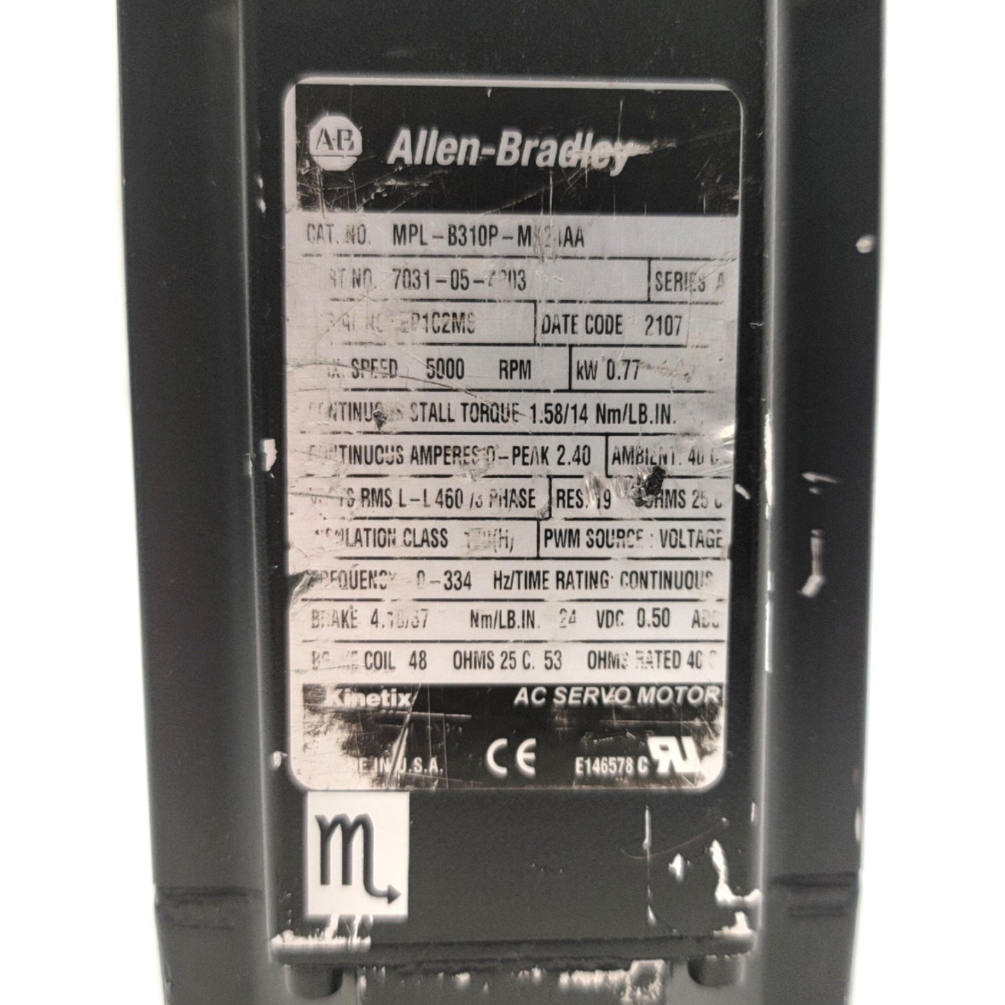 Used Allen Bradley MPL-B310P-MK24AA Servo Motor W/Brake 0.77kW, 100mm Frame, 460VAC