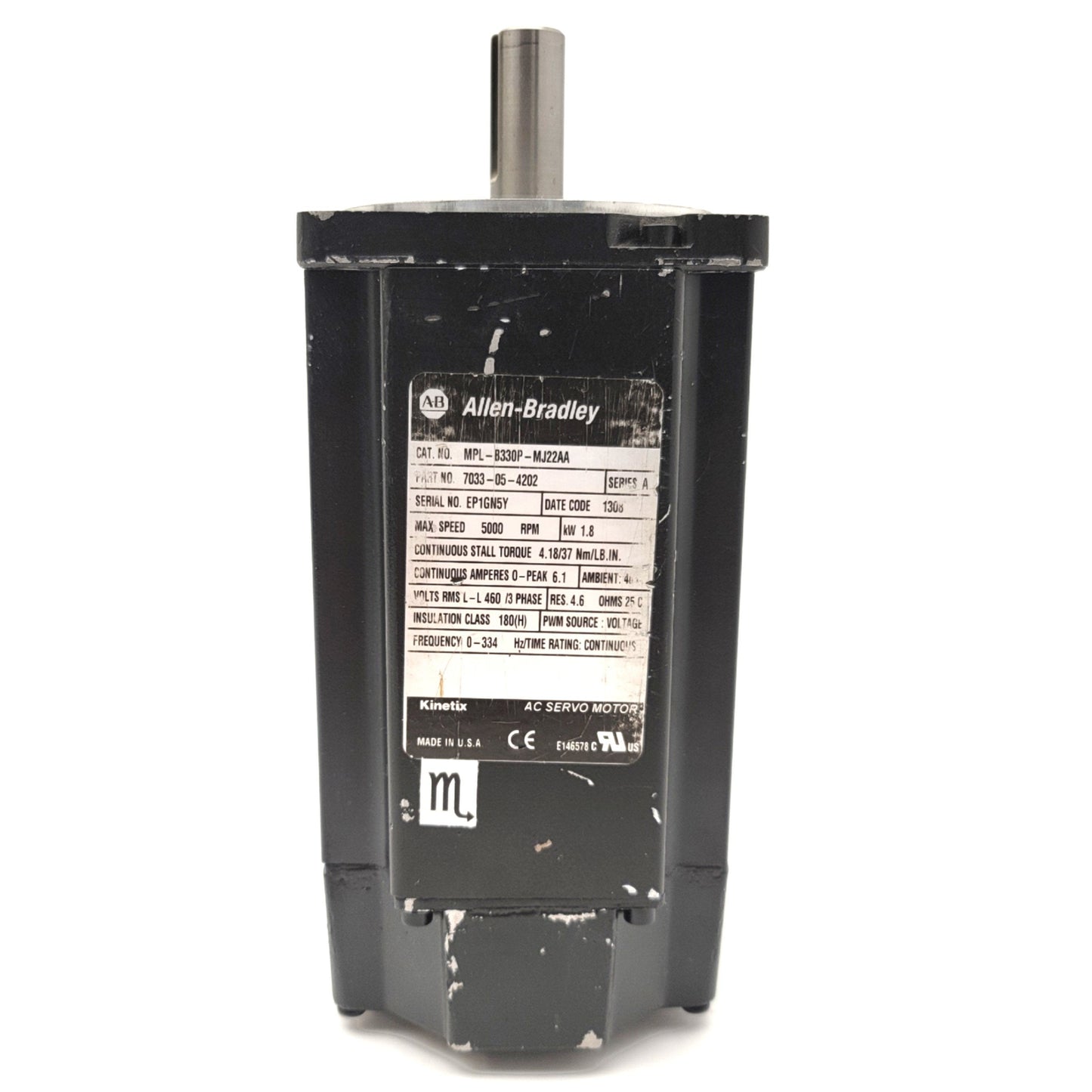 Used Allen Bradley MPL-B330P-MJ22AA Servo Motor 1.8kW, 100mm Frame, 460VAC, 4.18Nm