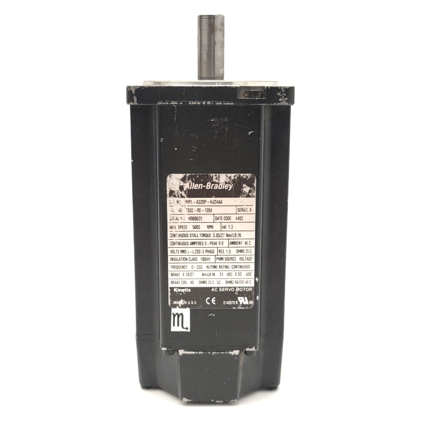 Used Allen Bradley MPL-B320P-HJ24AA Servo Motor W/Brake 1.3kW, 100mm Frame, 460VAC