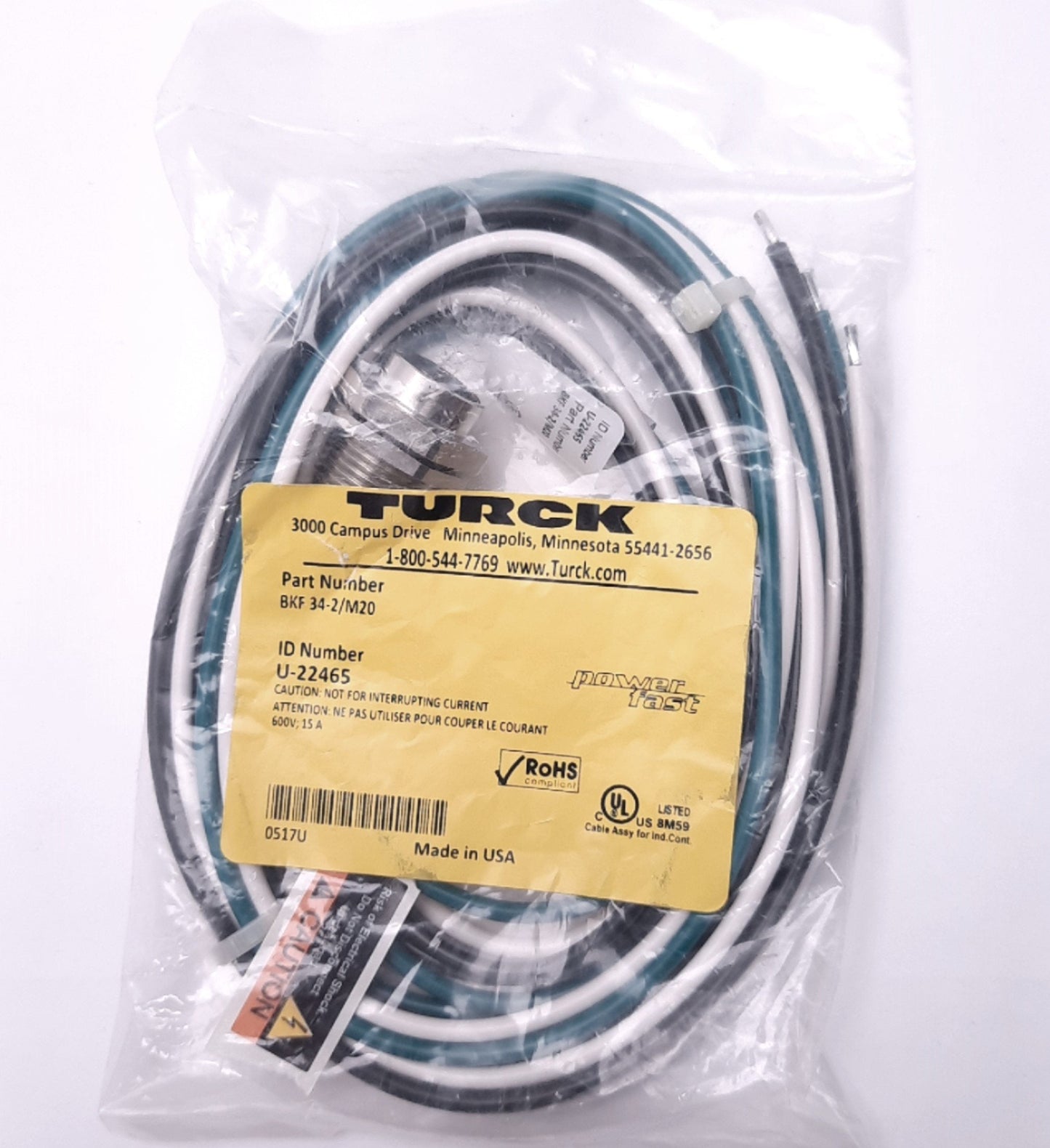 New Turck BKF 34-2/M20 Powerfast Receptacle M16 3-Pin Female to Leads, 2m, U-22465