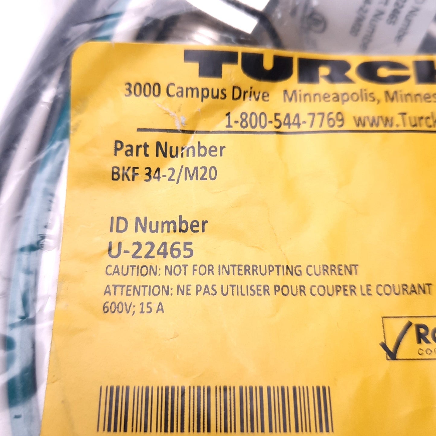 New Turck BKF 34-2/M20 Powerfast Receptacle M16 3-Pin Female to Leads, 2m, U-22465
