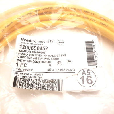 New Brad Connectivity 1200650452 Cordset, 4-Pin M12 Male to Flying Leads, 4m Long