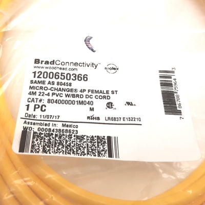 New Brad Connectivity 1200650366 Cordset, 4-Pin M12 Female to Flying Leads, 4m Long
