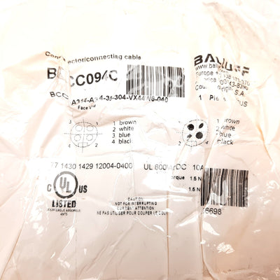 New Balluff BCC094C Cordset, 4-Pin 7/8" Male to Female, 4m Long, 600VAC/DC 10A