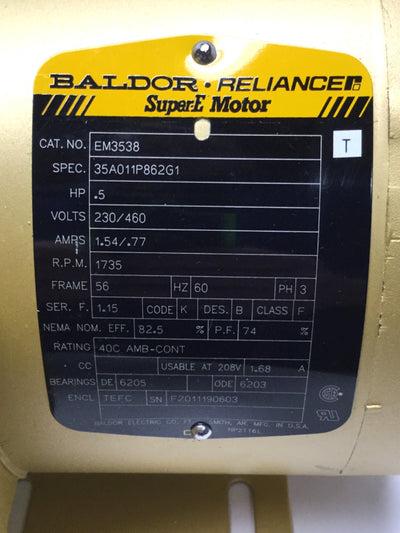 Used Baldor EM3538 SuperE AC Motor 230/460V 60Hz, 3-Phase, 1735RPM, 1/2HP, 56 Frame