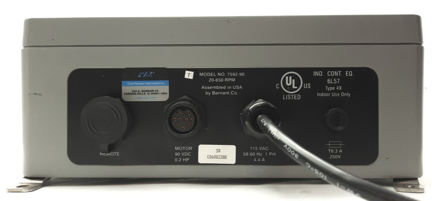 Used Cole Parmer 7592-90 Digital Peristaltic Pump Drive, 20-650RPM, .2HP, 115VAC