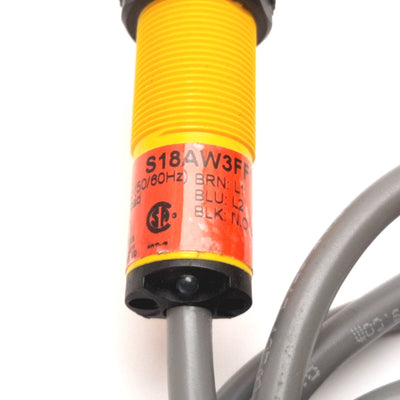 Used Banner S18AW3FF100 Photoelectric Sensor, 100mm, 20-250VAC, SPST, 1.5m Cable
