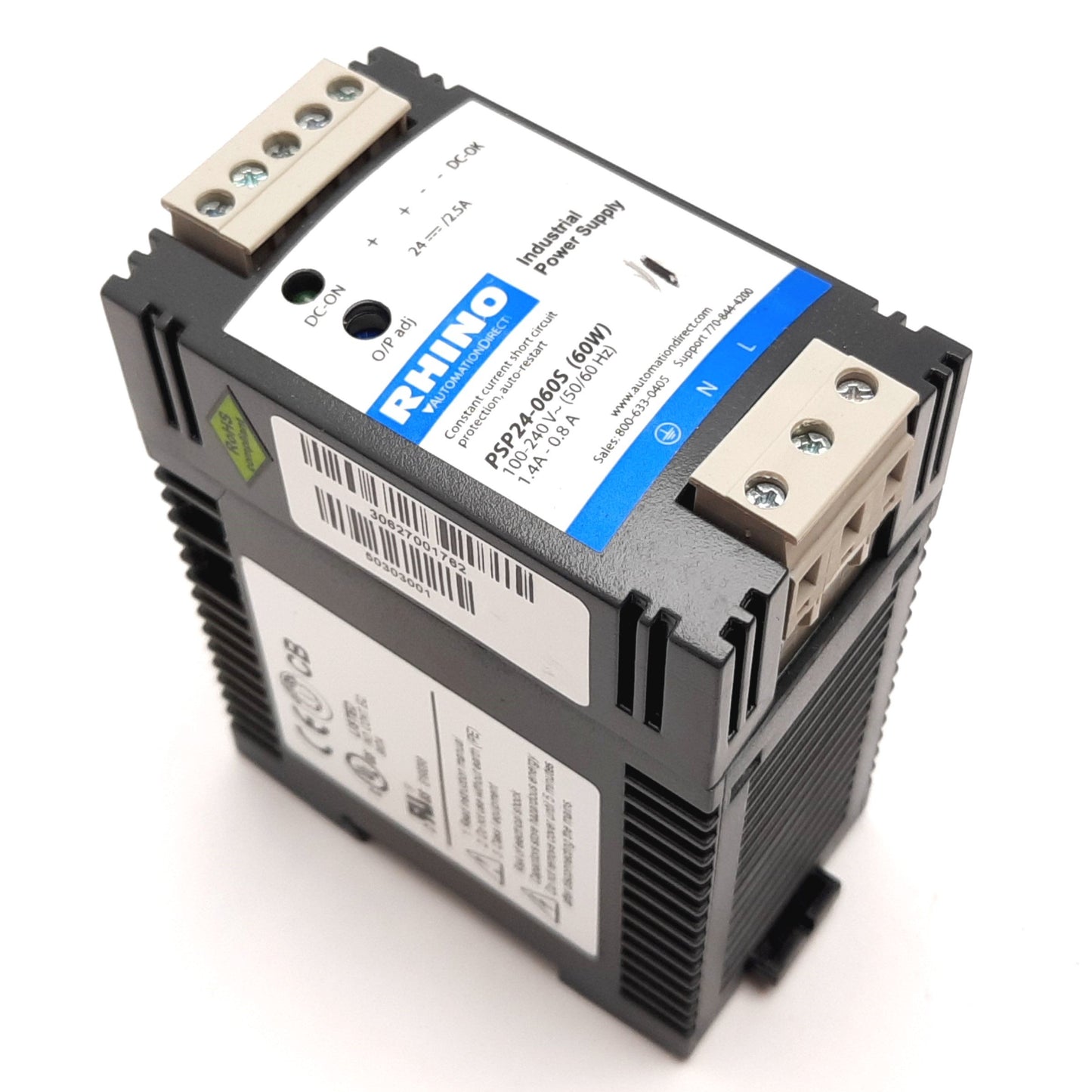 Used Automation Direct PSP24-060S Rhino Power Supply, In: 100-240VAC, Out: 24VDC 2.5A