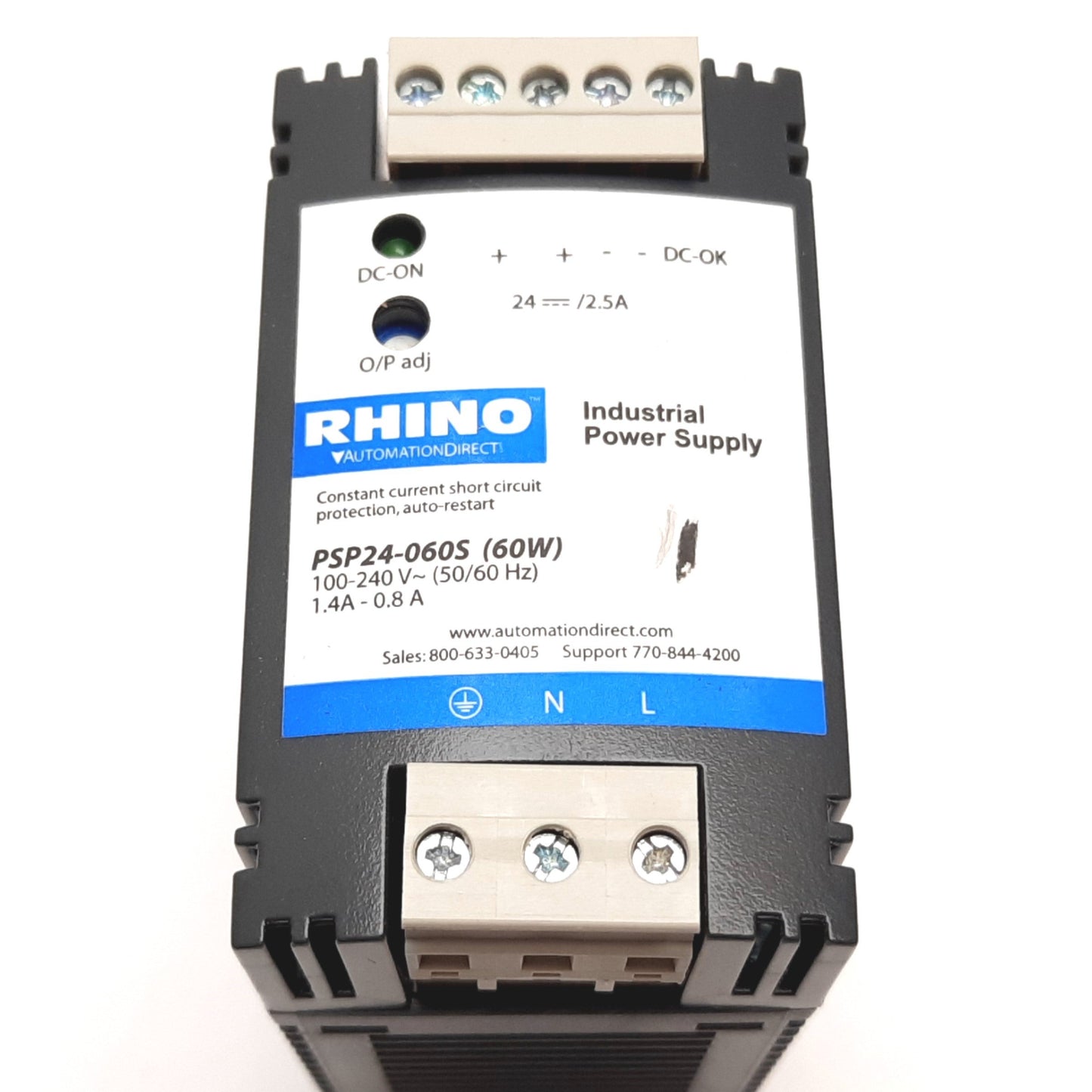 Used Automation Direct PSP24-060S Rhino Power Supply, In: 100-240VAC, Out: 24VDC 2.5A