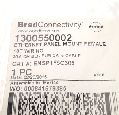 New Molex 1300550002 Brad Connectivity Panel Mount Ethernet Cable 10" Length, RJ45