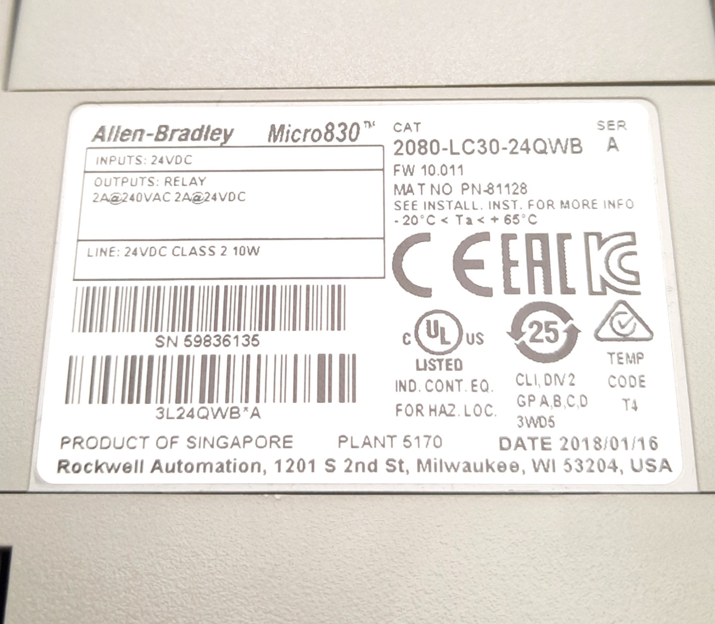 Used Allen-Bradley 2080-LC30-24QWB Micro830 I/O Controller 24v AC/DC Input, 3 Slots