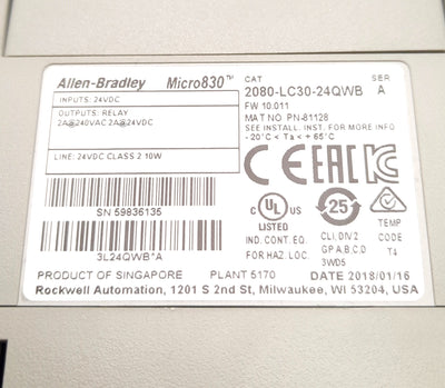 Allen-Bradley 2080-LC30-24QWB Micro830 I/O Controller 24v AC/DC Input, 3 Slots