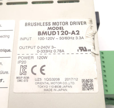 Oriental Motor BMUD120-A2 Motor-Driver 120W Output, 100-120V 3.3A Input