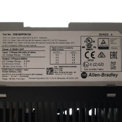 Allen Bradley 25B-B5P0N104 Ser A Powerflex 3PH AC Drive 1HP 0-230VAC 5A 220VAC