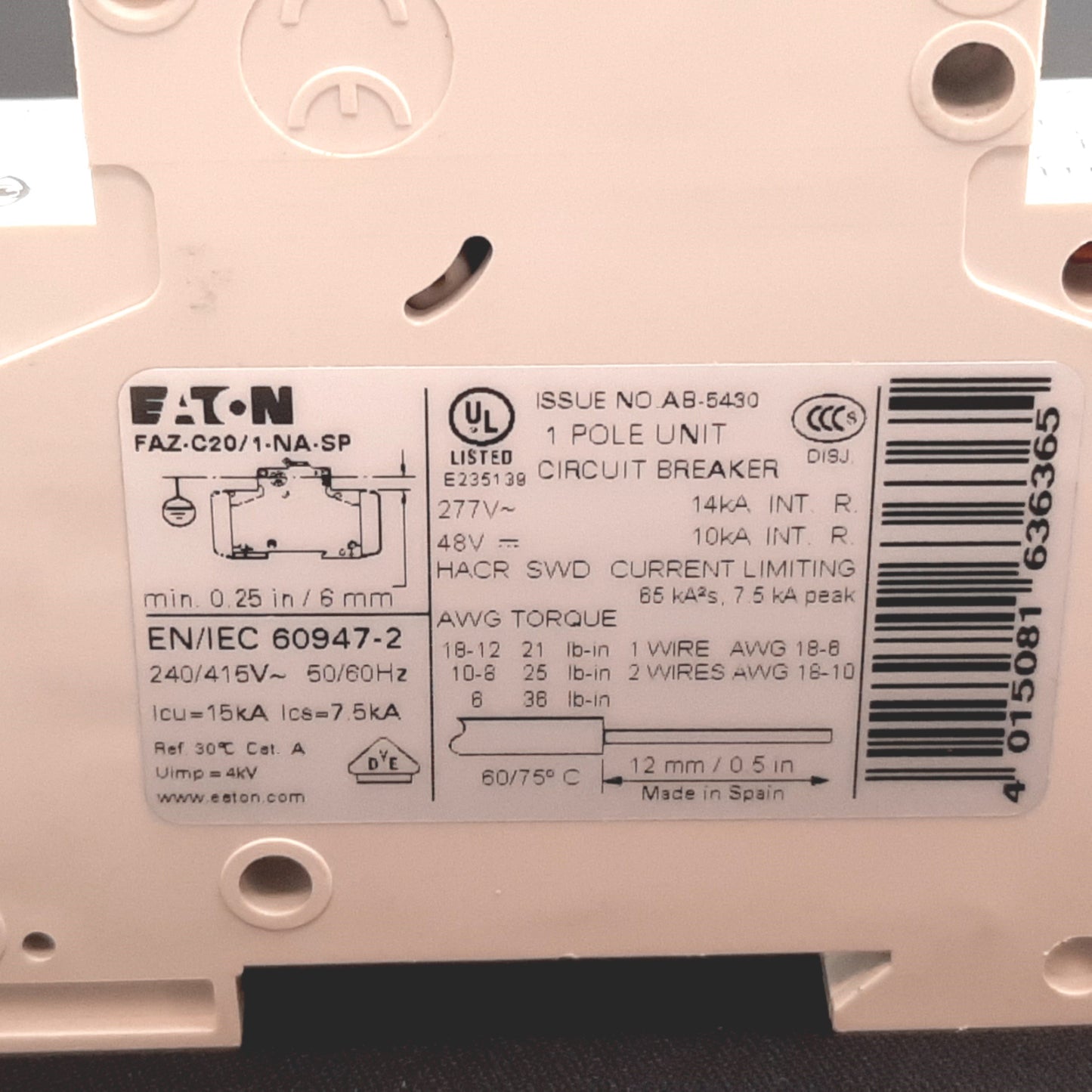 Used Eaton FAZ-C20/1-NA Circuit Breaker, 1-Pole, C-Curve, 48VDC 277VAC 20A