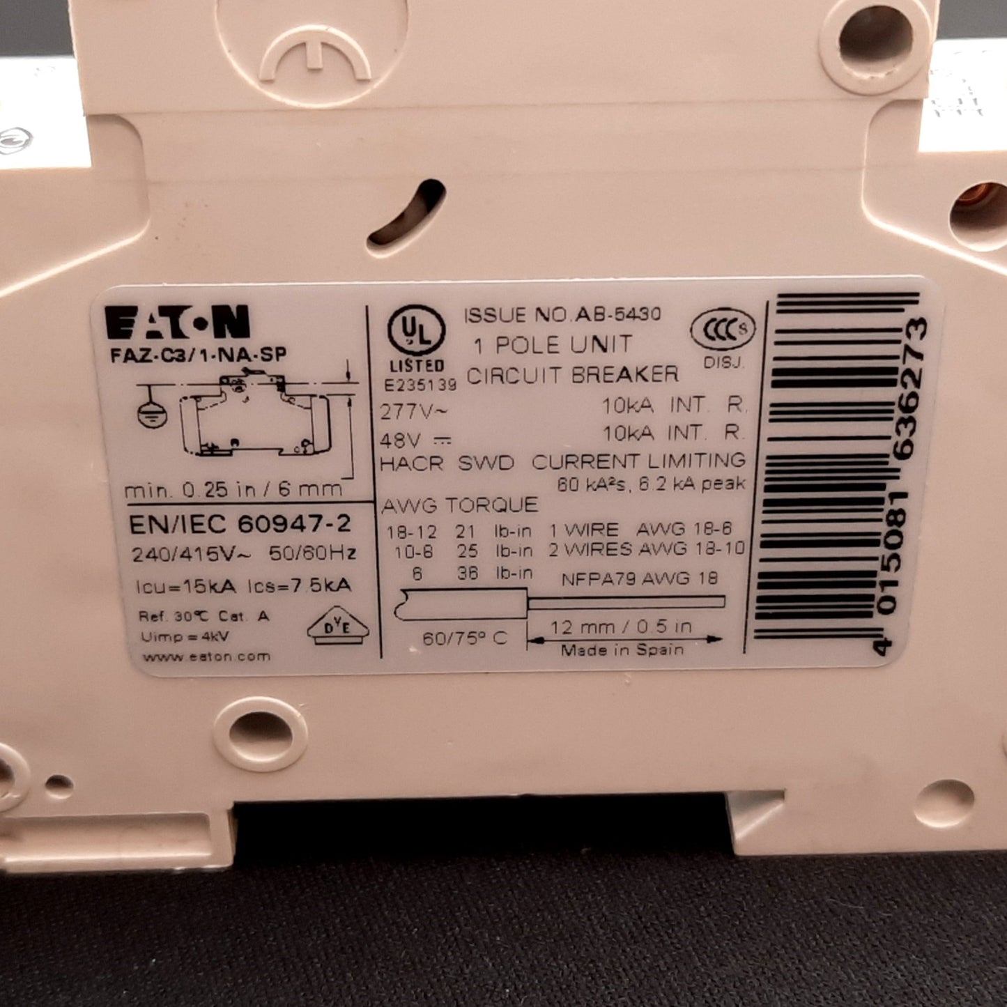 Used Eaton FAZ-C3/1-NA Circuit Breaker, 1-Pole, C-Curve, 48VDC 277VAC 3A