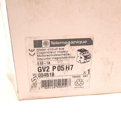 New Telemecanique GV2-P05H7 Motor Starter/Circuit Breaker, 3-Pole, 480VAC, 0.63-1A