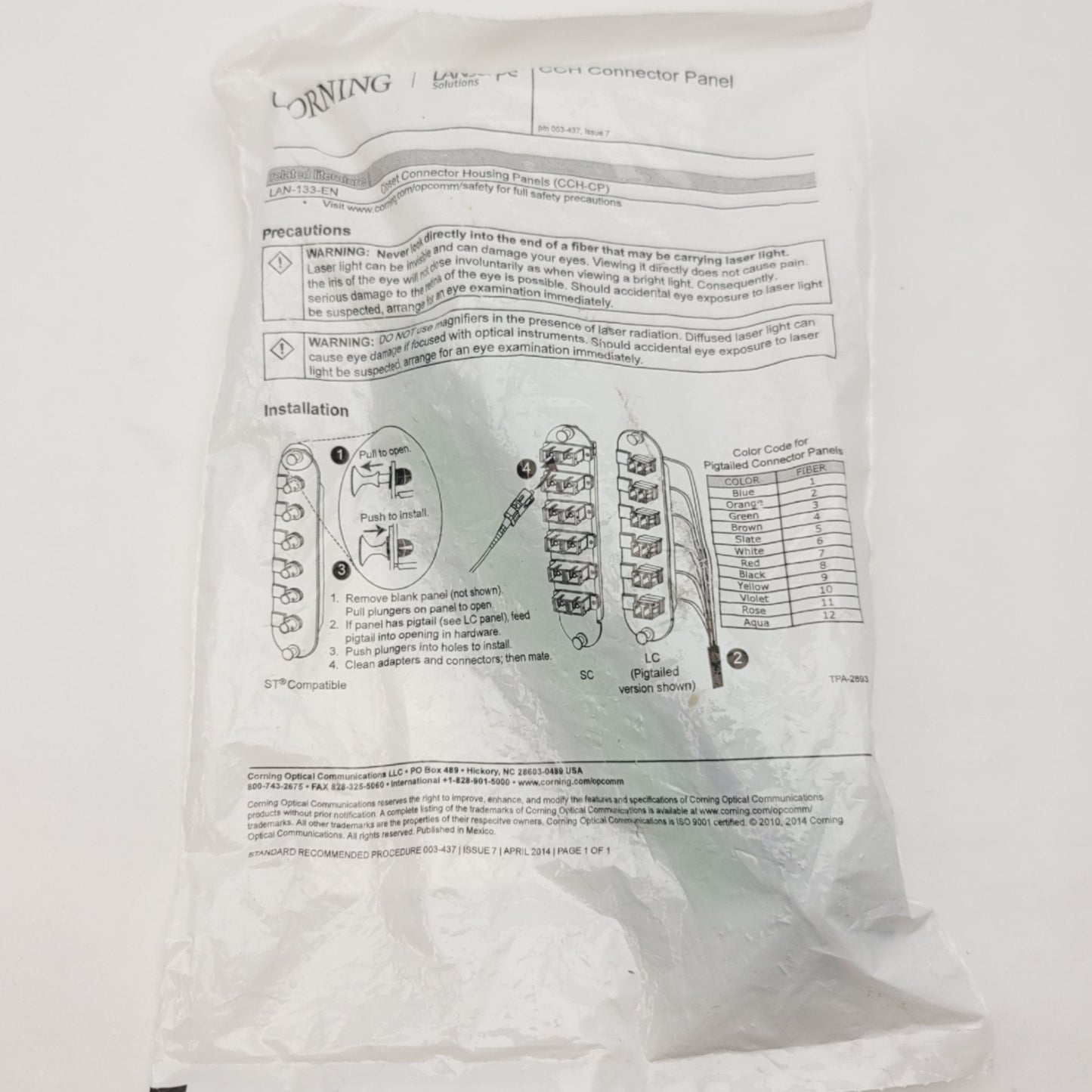 New Corning CCH-CP12-6C Closet Connector Housing Panel, Single-Mode, OS2, 12 Fiber