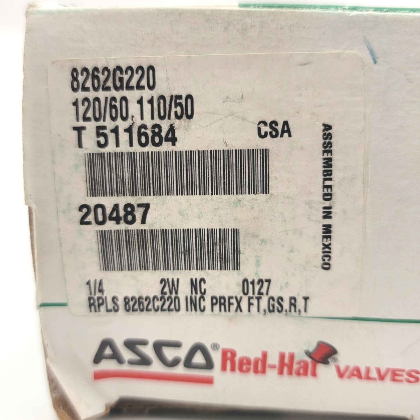 New ASCO 8262G220 Red-Hat Solenoid Valve, 120VAC Coil, 1/4"NPT, N.C., 200psi Max