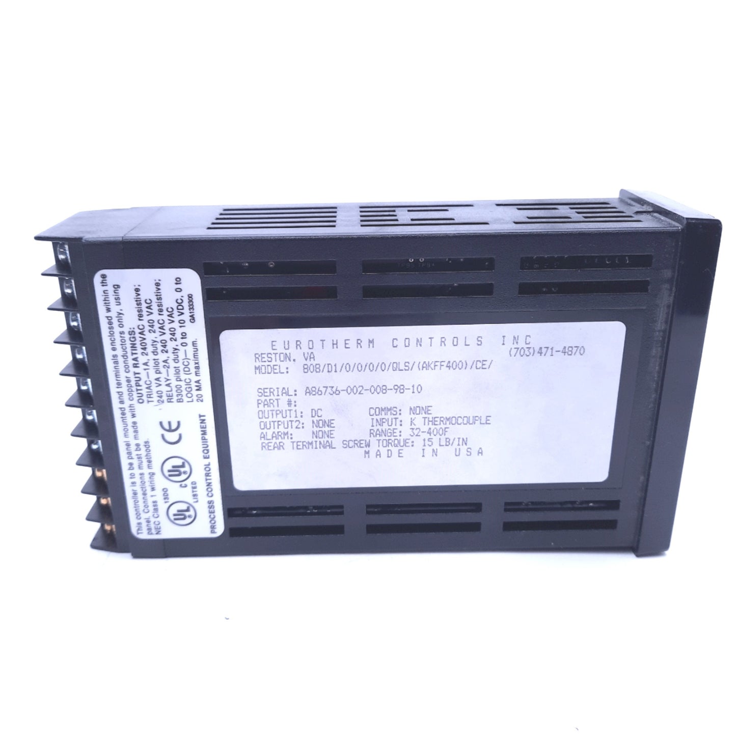 Used Eurotherm 808/D1/0/0/0/0/QLS/(AKFF400)/CE Temperature Controller 4-20mA 32-400°F 100-240VAC