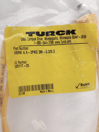 New Turck VBRK 4.4-2PKG 3M-0.3/0.3 Splitter Cordset, 4-Pin M12 Male to 2 x 3-Pin M8