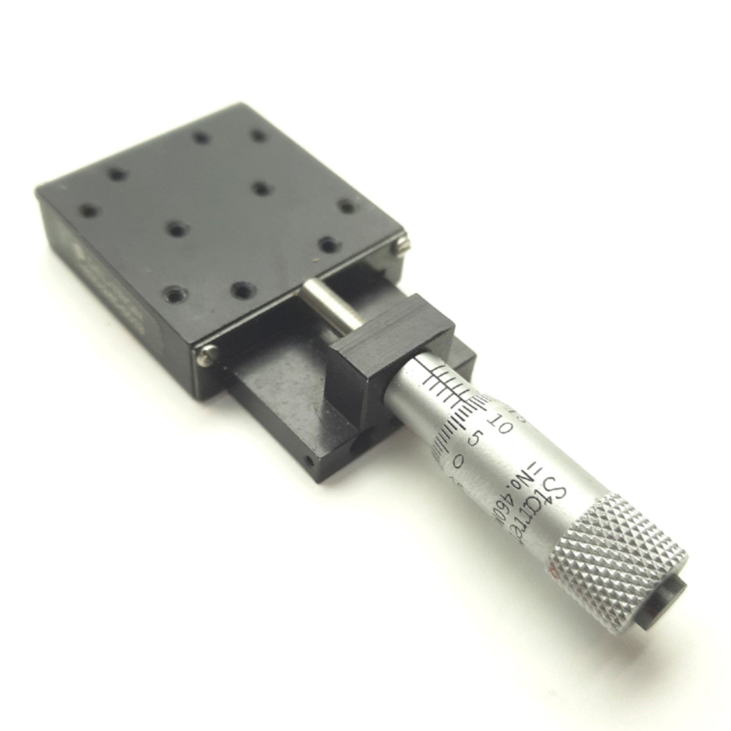 Used Del-Tron 101-X Micrometer Linear Positioner, 1¼ x 1¼" Stage, ½" Travel, 4lbs
